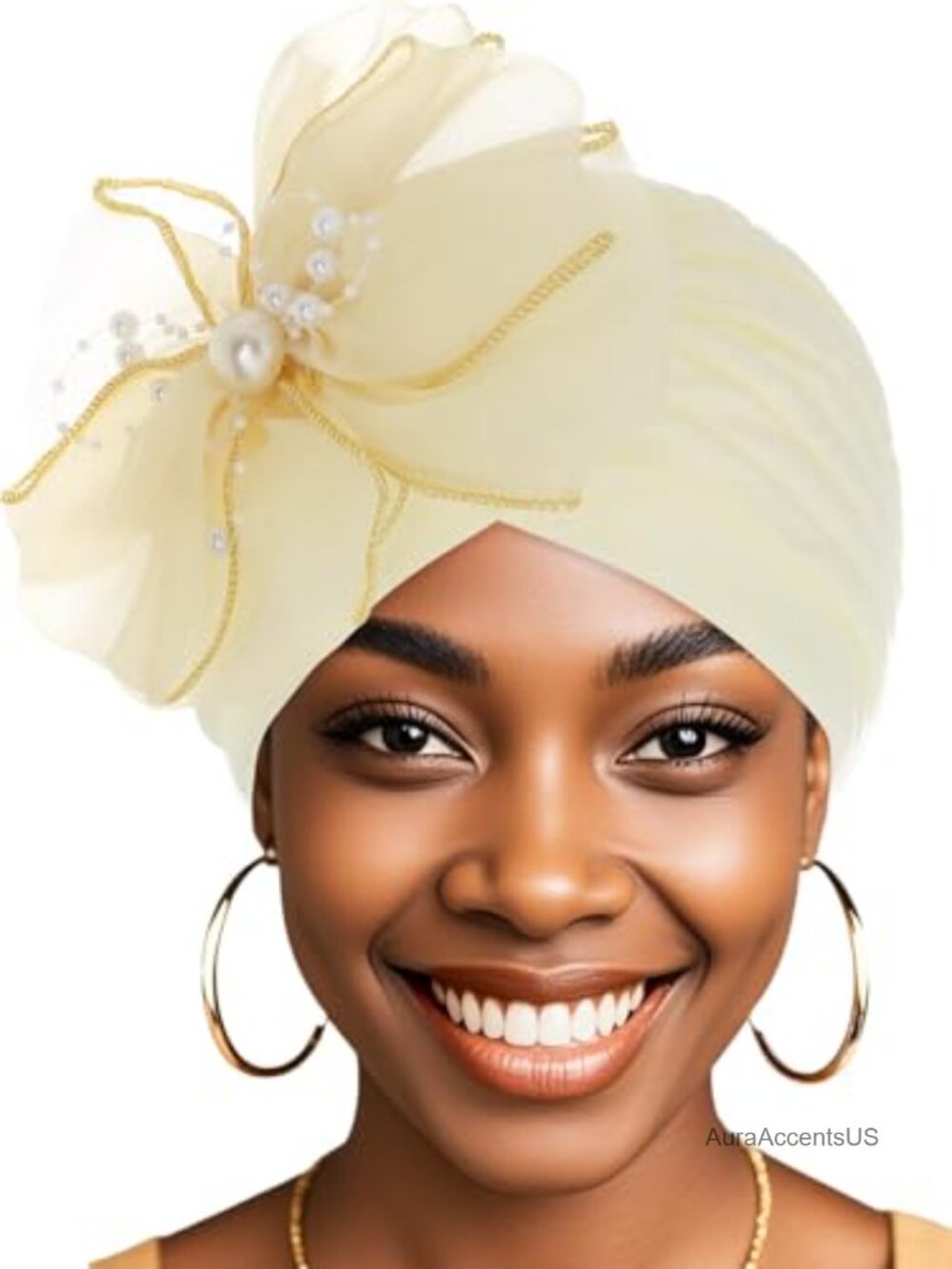 Pre-Tied Turban Hat with Pearl Bow Knot Ruffle Stretch Headwrap
